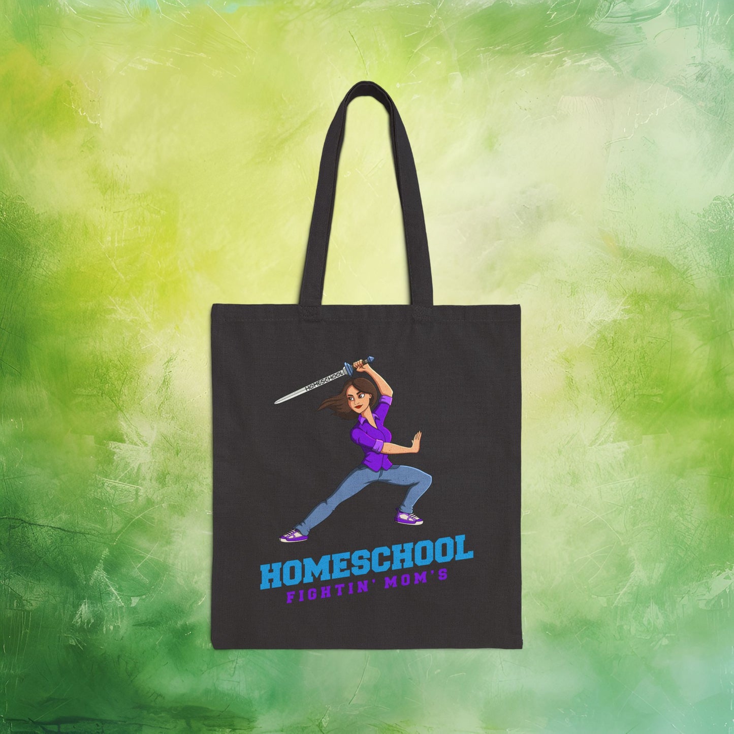 a tote bag with a warrior woman and a engrave homeschool sword