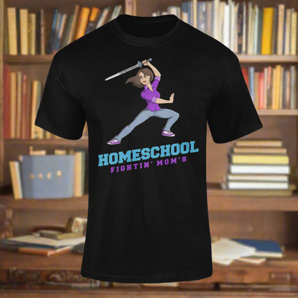 a illustration of mom branding a sword with the slogan Homeschool Fightin' Mom's