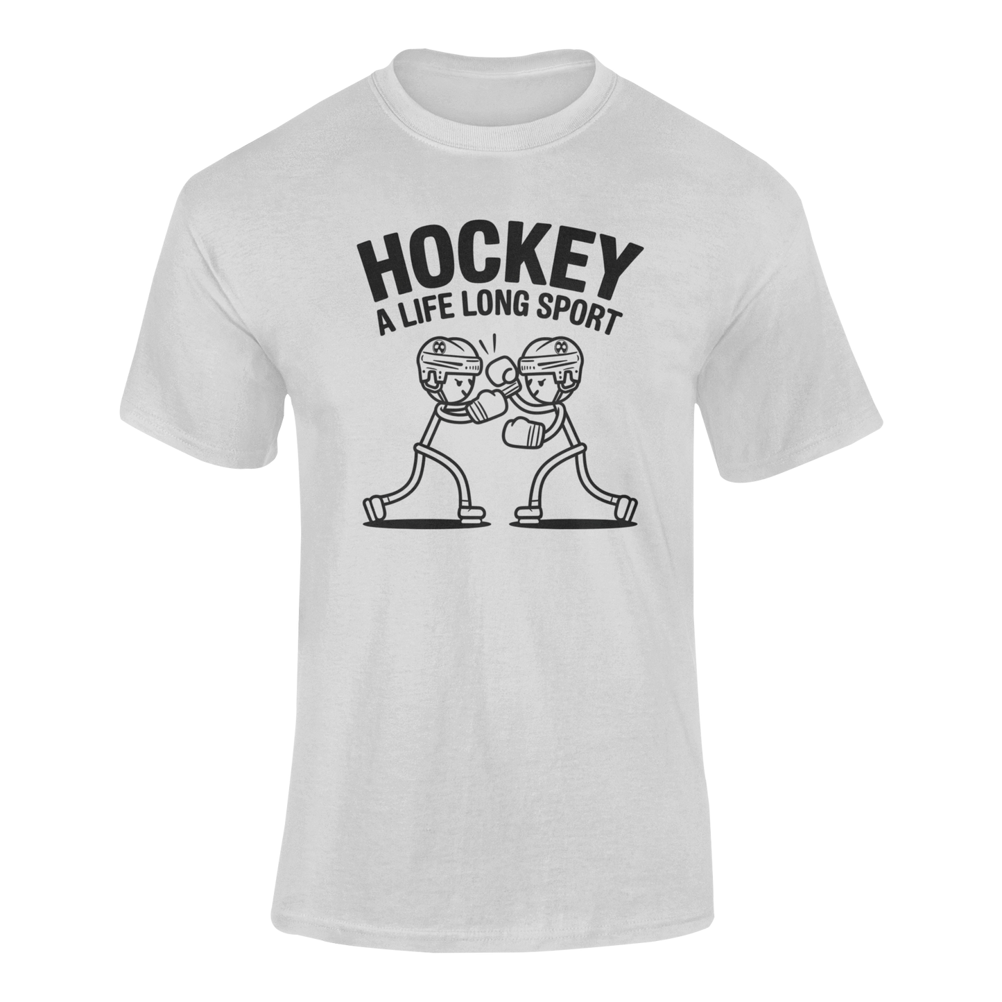 a funny silver  t-shirt with two stickman hockey players boxing with the slogan Hockey A Life Long Sport