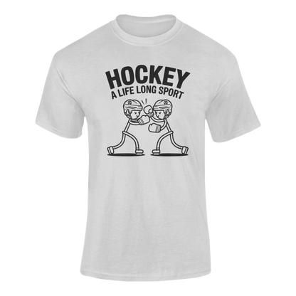 a funny silver  t-shirt with two stickman hockey players boxing with the slogan Hockey A Life Long Sport