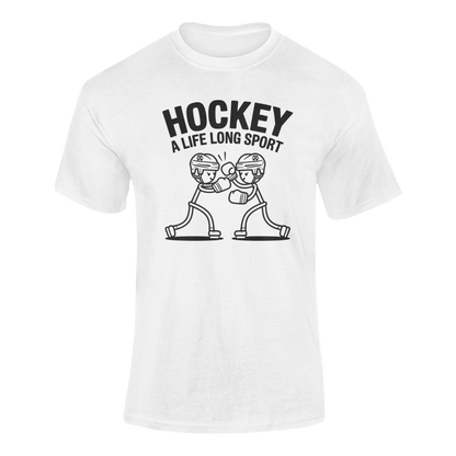 a funny white t-shirt with two stickman hockey players boxing with the slogan Hockey A Life Long Sport