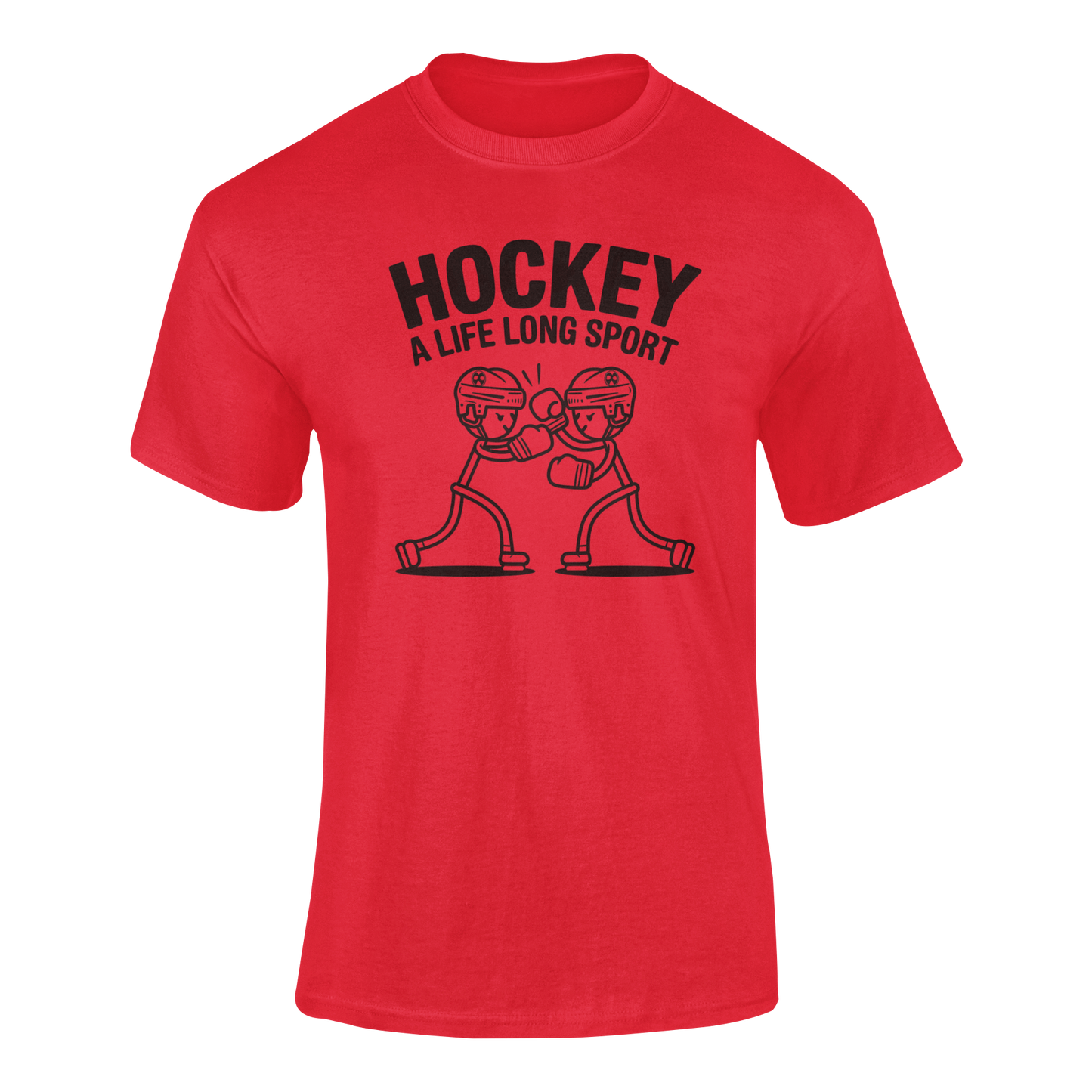 a funny red t-shirt with two stickman hockey players boxing with the slogan Hockey A Life Long Sport