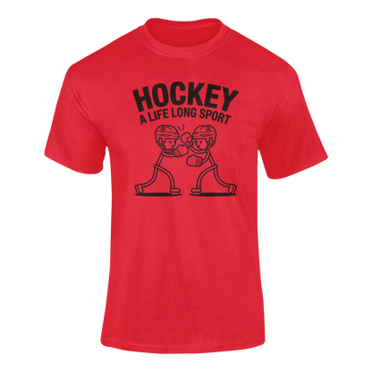 a funny red t-shirt with two stickman hockey players boxing with the slogan Hockey A Life Long Sport