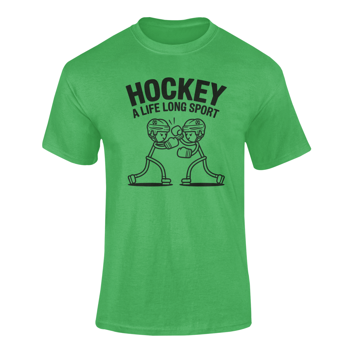 a funny t-shirt with two stickman hockey players boxing with the slogan Hockey A Life Long Sport