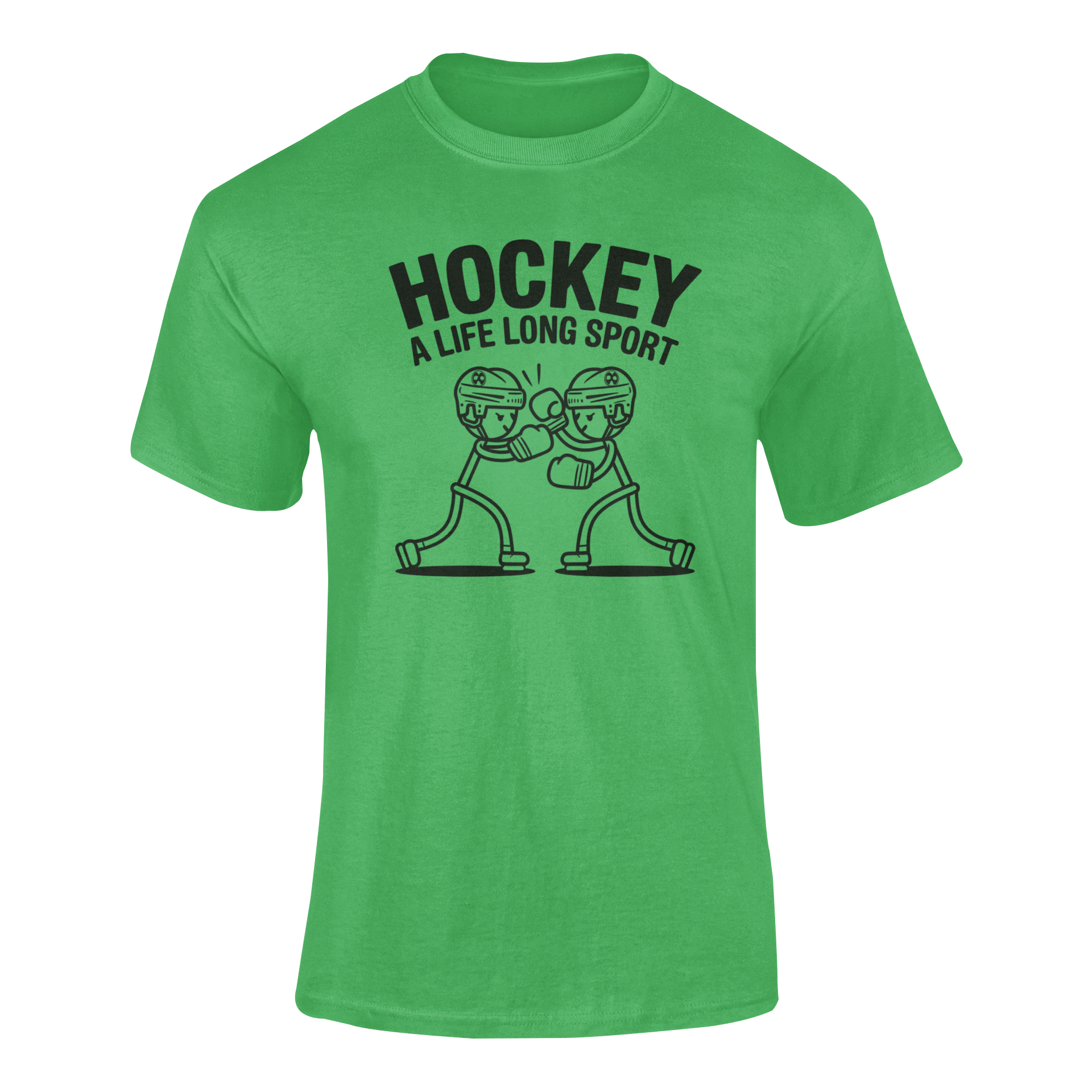 a funny t-shirt with two stickman hockey players boxing with the slogan Hockey A Life Long Sport