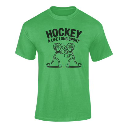 a funny t-shirt with two stickman hockey players boxing with the slogan Hockey A Life Long Sport