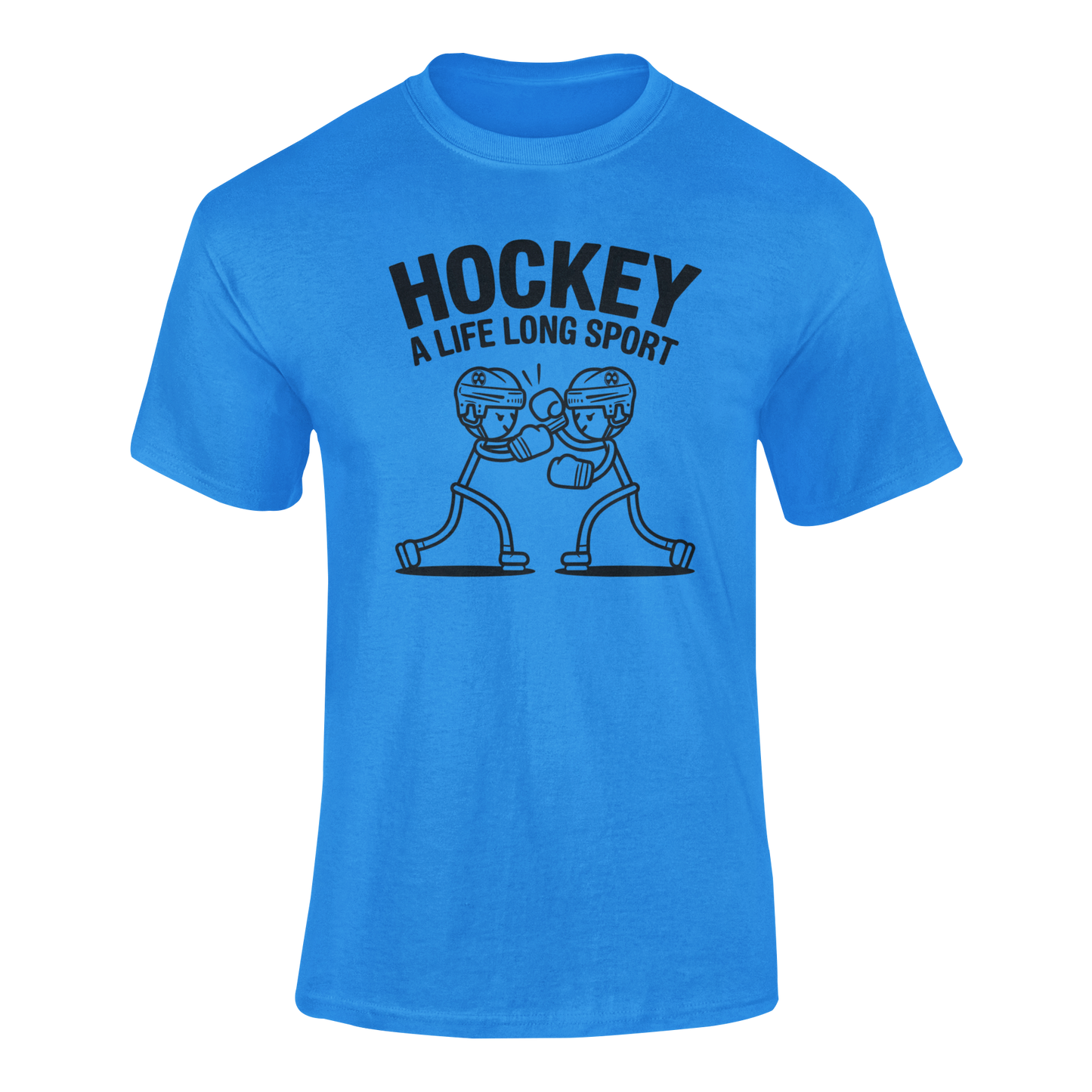 a funny blue t-shirt with two stickman hockey players boxing with the slogan Hockey A Life Long Sport