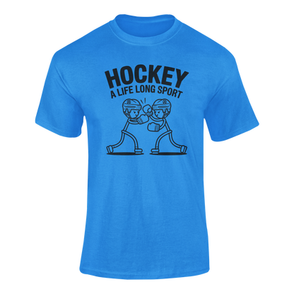 a funny blue t-shirt with two stickman hockey players boxing with the slogan Hockey A Life Long Sport