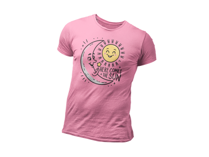 a t shirt of the moon greeting  the smiling sun with the caption Here Come The Sun