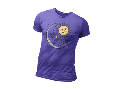 a purple t shirt of the moon greeting  the smiling sun with the caption Here Come The Sun