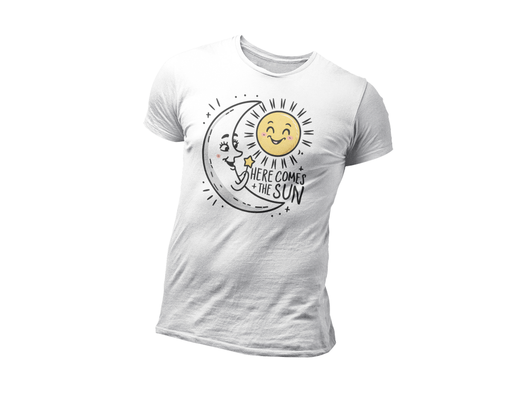 a white t shirt of the moon greeting  the smiling sun with the caption Here Come The Sun