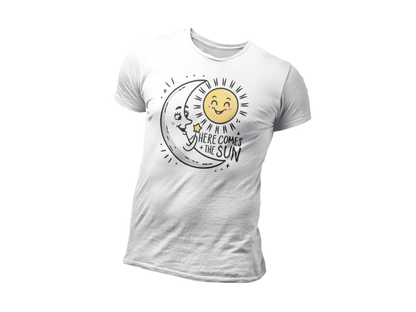 a white t shirt of the moon greeting  the smiling sun with the caption Here Come The Sun