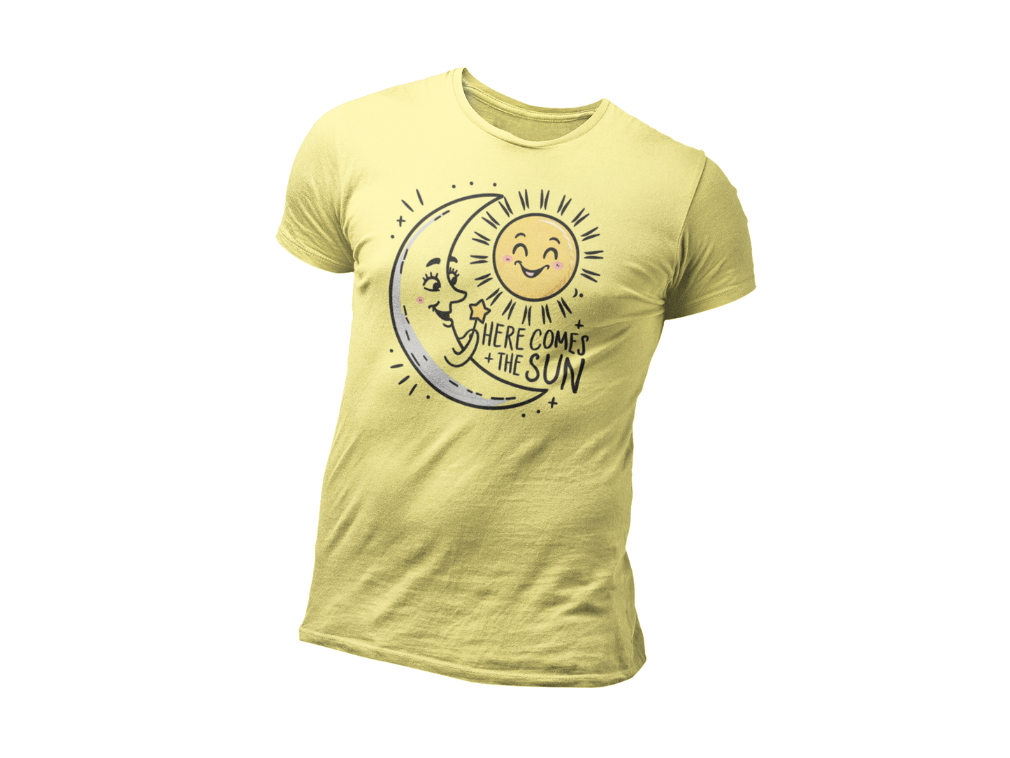 a yellow t shirt of the moon greeting  the smiling sun with the caption Here Come The Sun