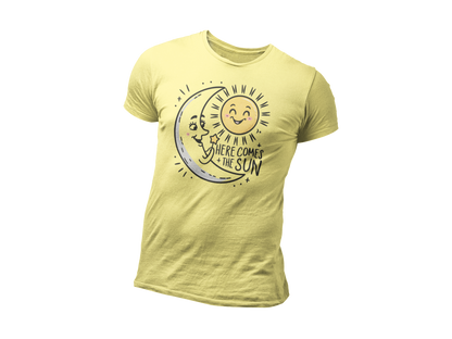 a yellow t shirt of the moon greeting  the smiling sun with the caption Here Come The Sun