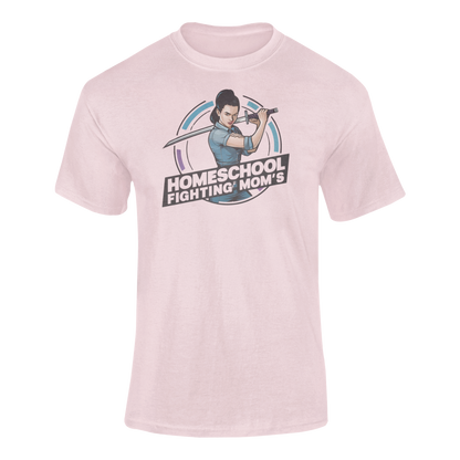 a modern woman brandishing a sword with the pink  logo Homeschool Fighing Mom's