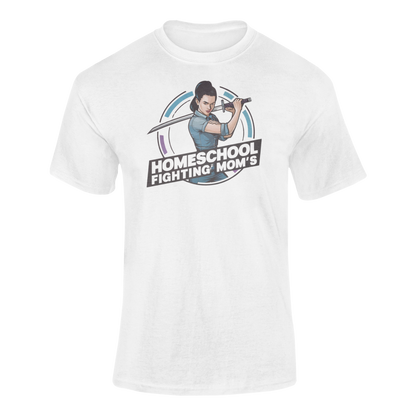 a modern woman brandishing a sword with the logo Homeschool Fighing Mom's