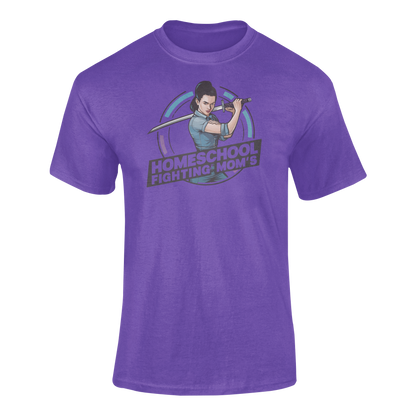 a modern woman brandishing a sword with the purple logo Homeschool Fighing Mom's