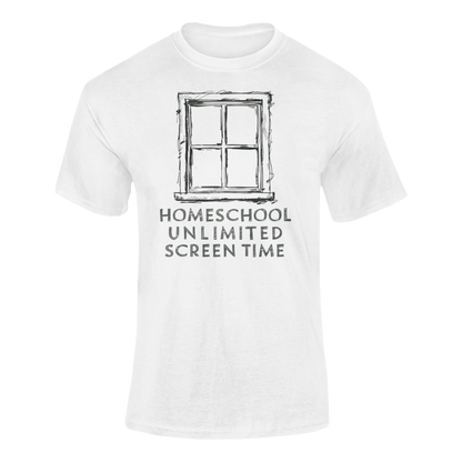 a white shirt with a frame of window with the words Homeschool Unlimited Screen Time