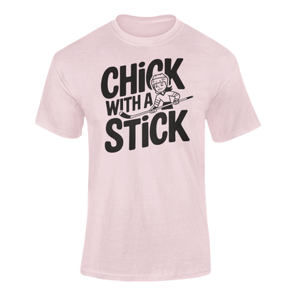 a t shirt of  girl holding a hockey stick with the caption Chick With A Stick
