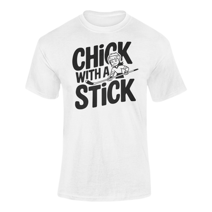 a girl holding a hockey stick with the caption Chick With A Stick