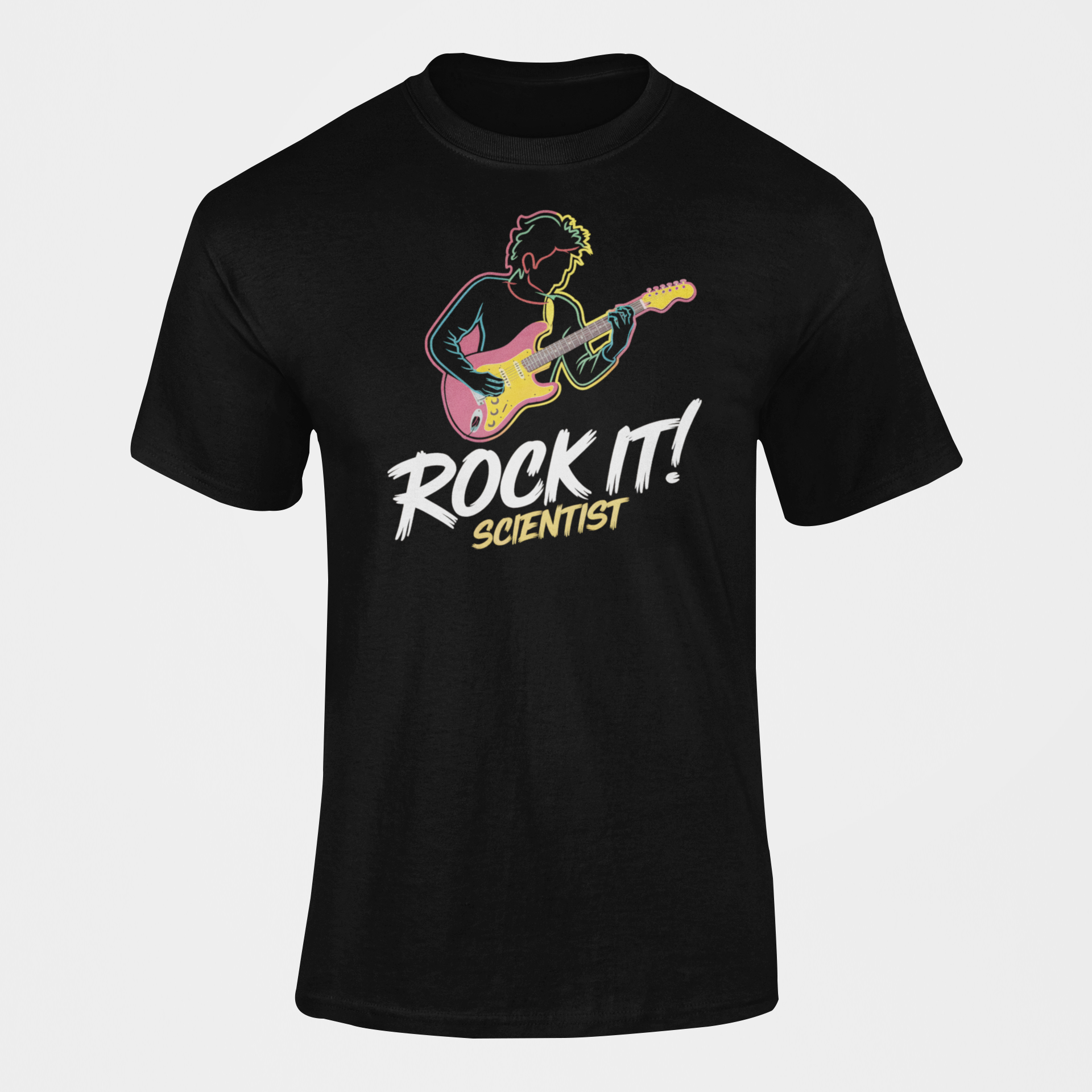 A t-shirt with rock star jamming with the slogan Rock It Scientist