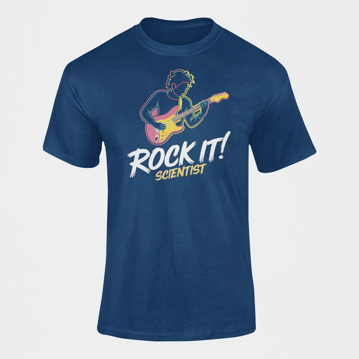 A t-shirt with rock star jamming with the slogan Rock It Scientist for music lover