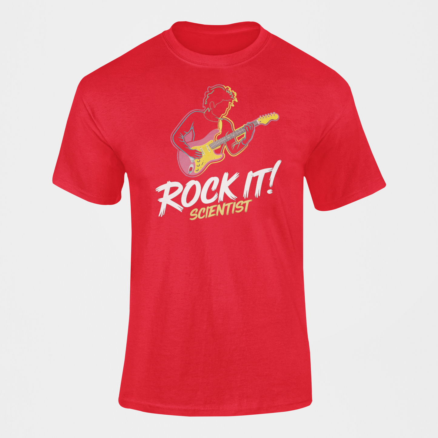 A red t-shirt with rock star jamming with the slogan Rock It Scientist Rock star
