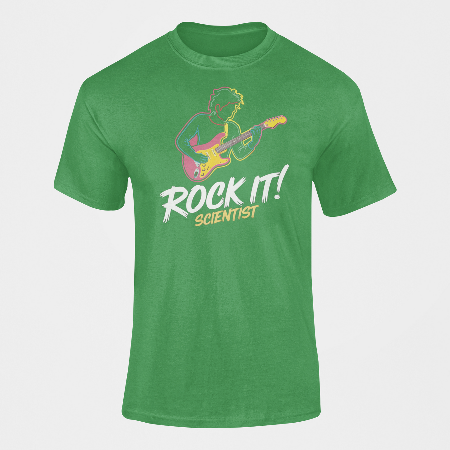 A t-shirt with rock star jamming with the slogan Rock It Scientist