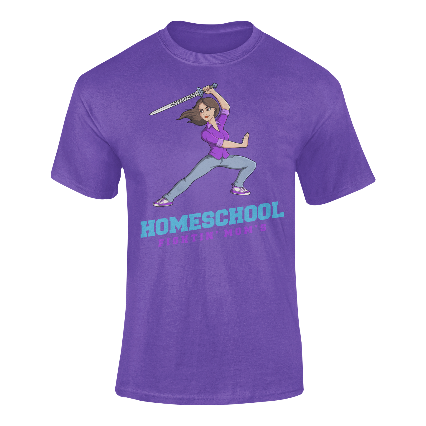a illustration of mom branding a sword with the slogan Homeschool Fightin' Mom's
