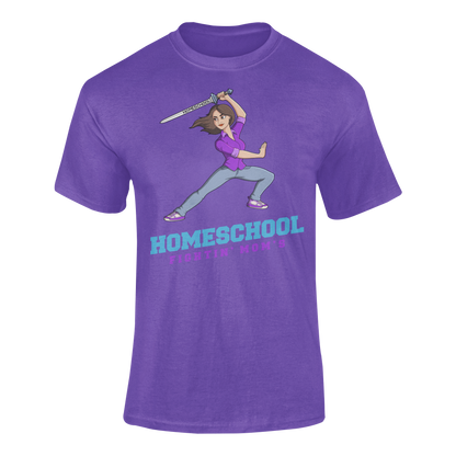a illustration of mom branding a sword with the slogan Homeschool Fightin' Mom's