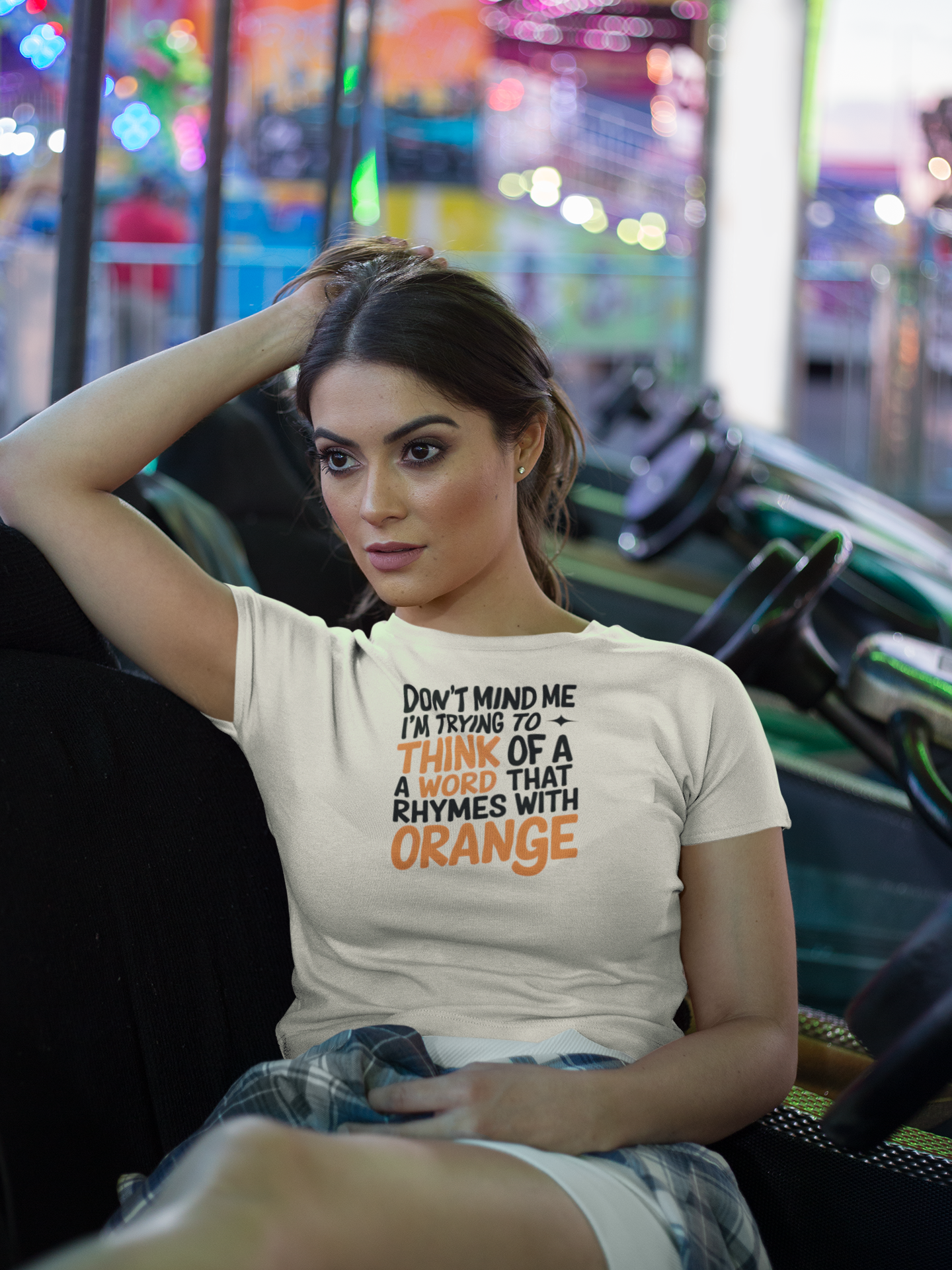a beautiful woman wearing a gift shirt with ryhmes Don't Mind Me I'm thinking Of Orange funny t-shirt