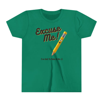  a t-shirt with the caption Excuse Me I've Got To Take A No.2. There is an illustrative smiling pencil alongside him