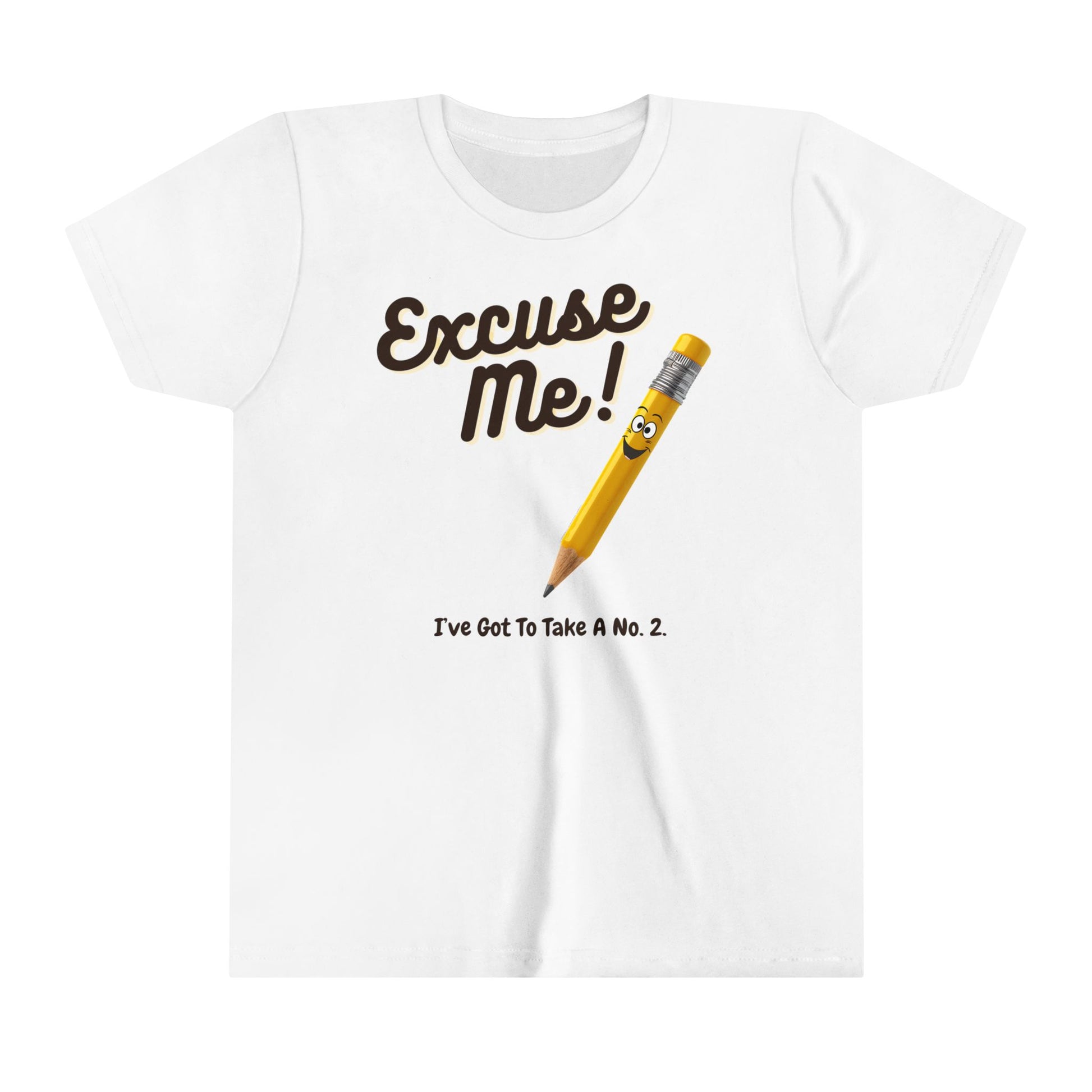  a t-shirt with the caption Excuse Me I've Got To Take A No.2. There is an illustrative smiling pencil alongside him