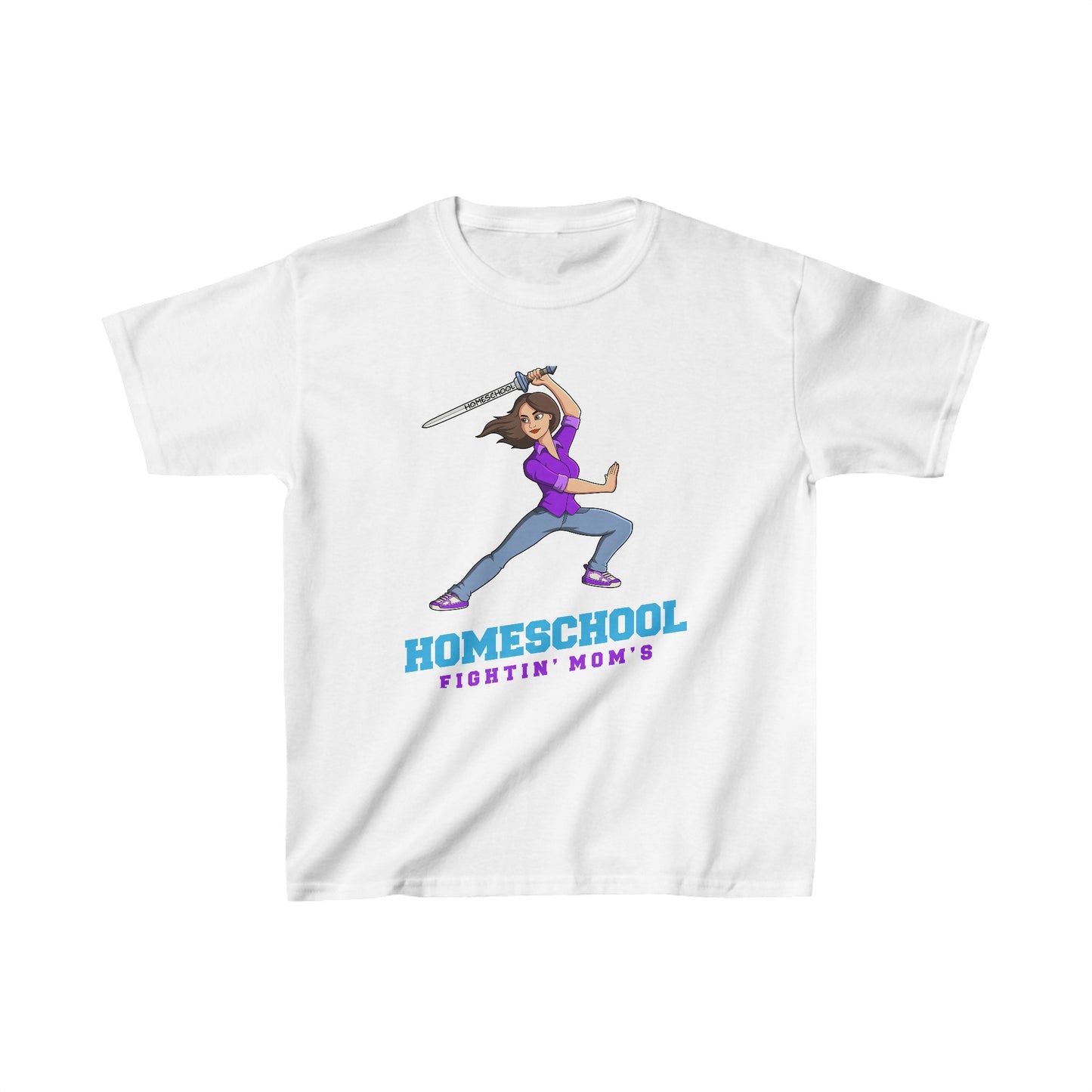 a t-shirt with the slogan homeschool fighitin mom's a kids t-shirt with a cartoon woman with cleverly branding a sword