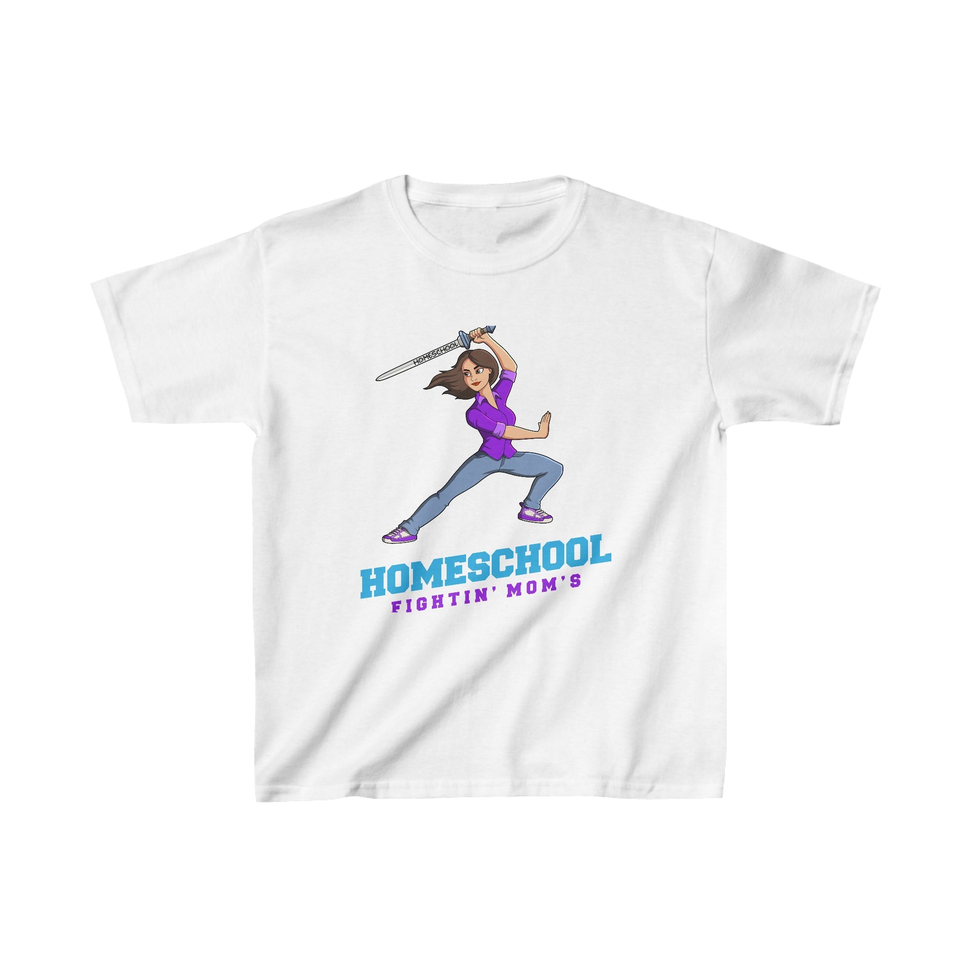 a t-shirt with the slogan homeschool fighitin mom's a kids t-shirt with a cartoon woman with cleverly branding a sword