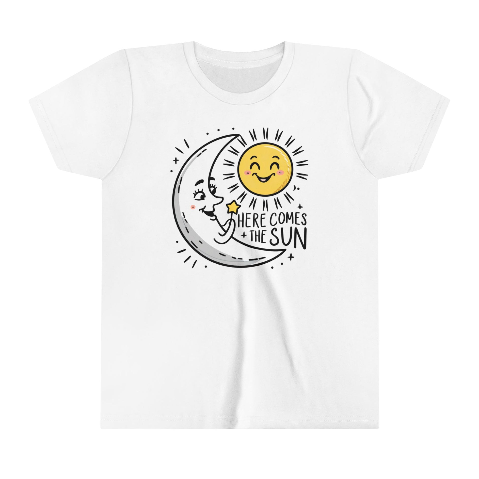 A youth shirt with the happy moon greeting the sun and the slogan here comes the sun