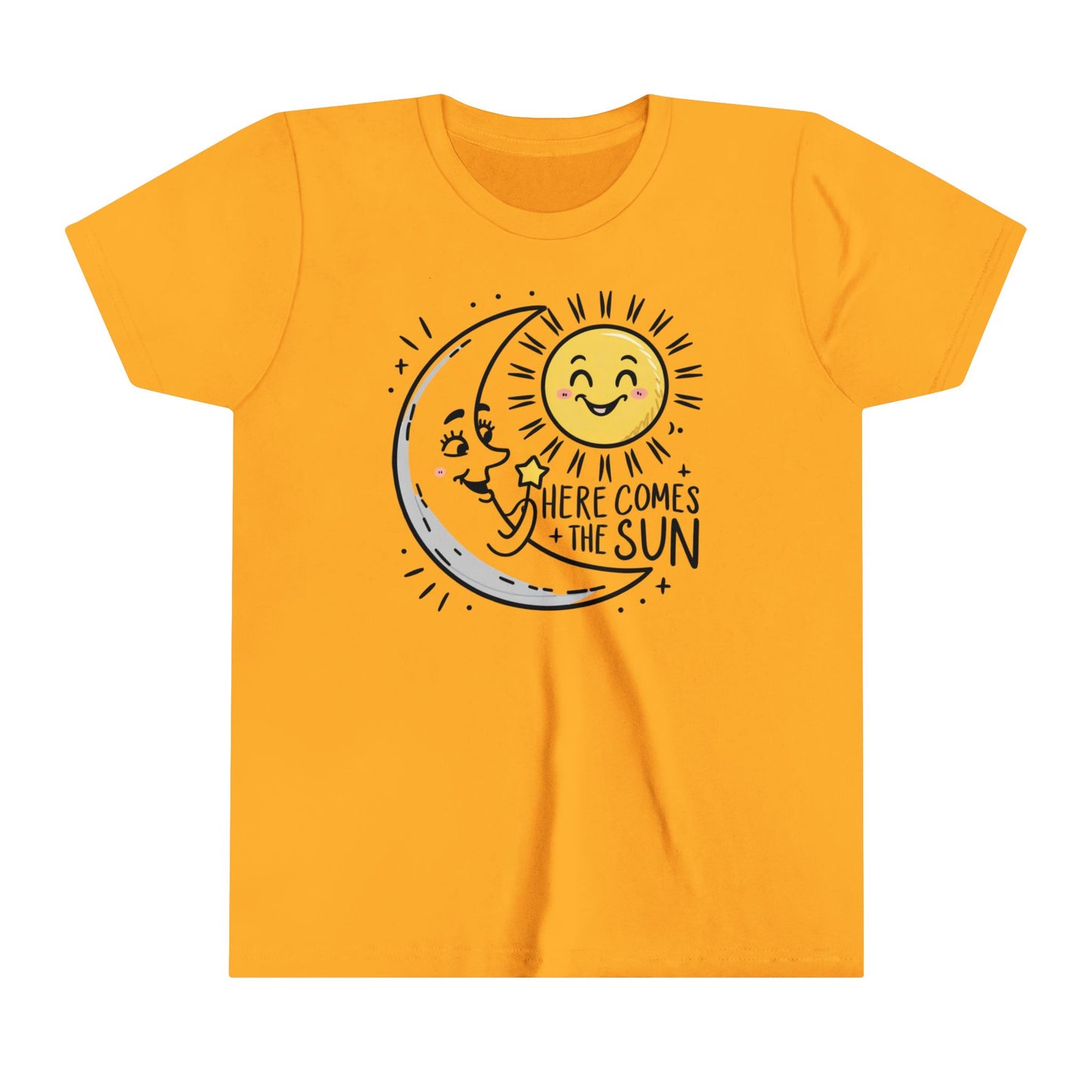 A youth shirt with the happy moon greeting the sun and the slogan here comes the sun