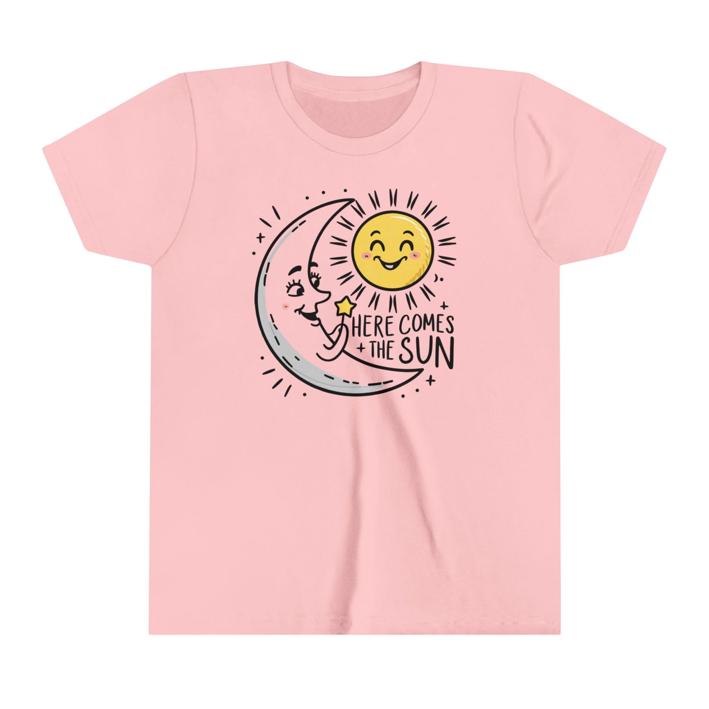 A youth shirt with the happy moon greeting the sun and the slogan here comes the sun