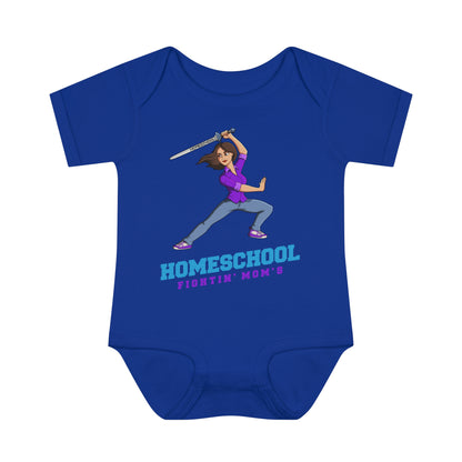 a blue onesie with the slogan homeschool fighitin mom's a cartoon of a young woman with cleverly branding a sword