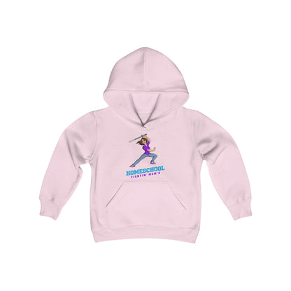 a pink hoodie with the slogan homeschool fighitin mom's a cartoon of a young woman with cleverly branding a sword