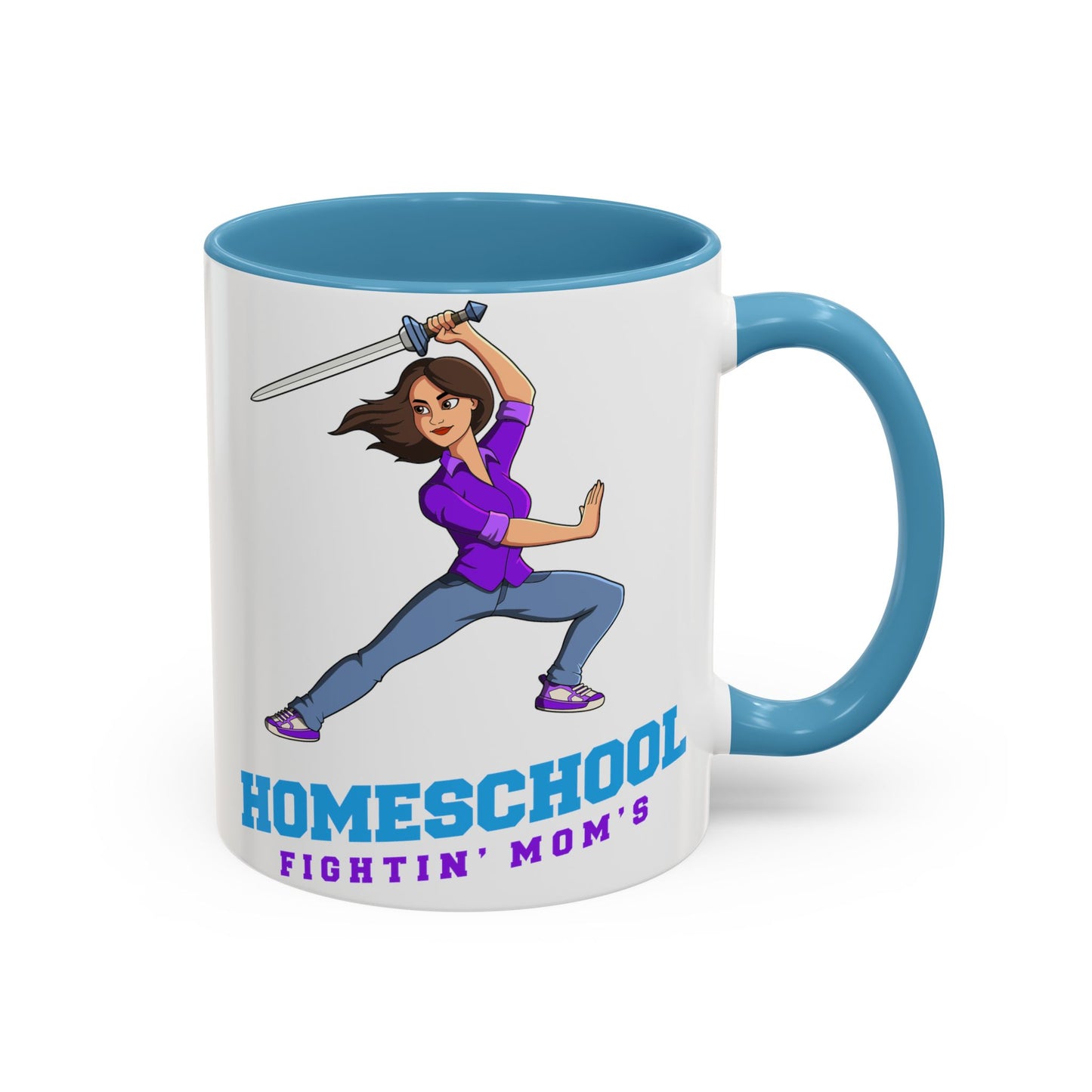 a boy enjoys a cup of hot cocoa. On the cup the slogan Homeschool Fightin' Mom's a confident cartoon mom raises her sword 