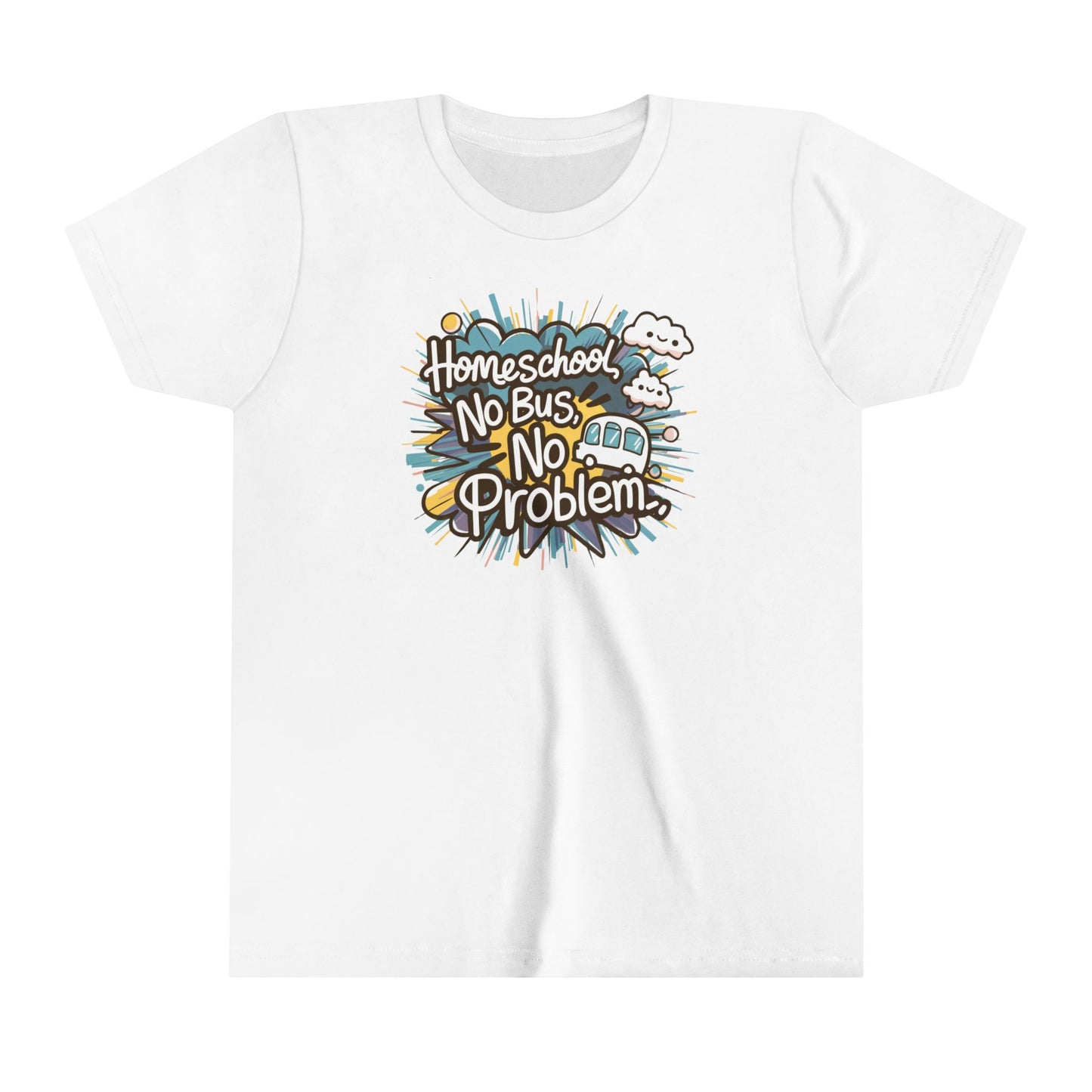 a kids shirt with the slogan homeschool no bus no problem a bus sputters away in the background
