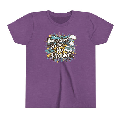 a kids shirt with the slogan homeschool no bus no problem a bus sputters away in the background
