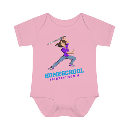 a pink onesie with the slogan homeschool fighitin mom's a cartoon of a young woman with cleverly branding a sword