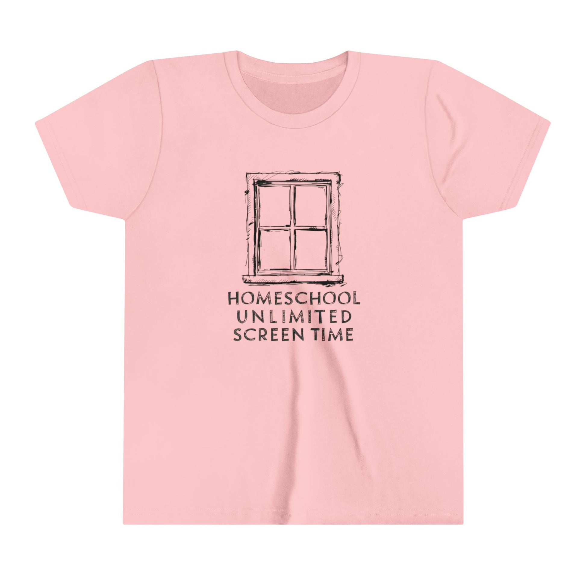 a blonde haired boy writing on table wearing a t-shirt with homeschool unlimited screen time