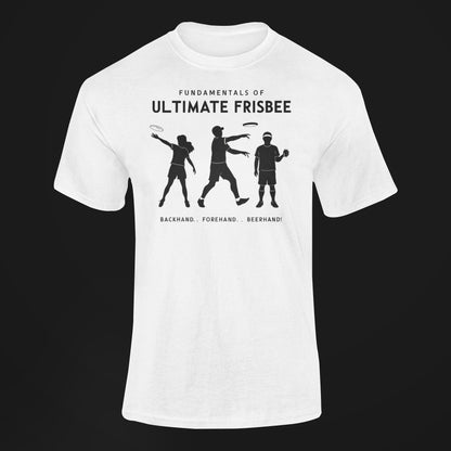 a t shirt with a three stages of ultimate frisbee of people tossing of fundamentals of ultimate frisbee-backhand forehand and beerhand
