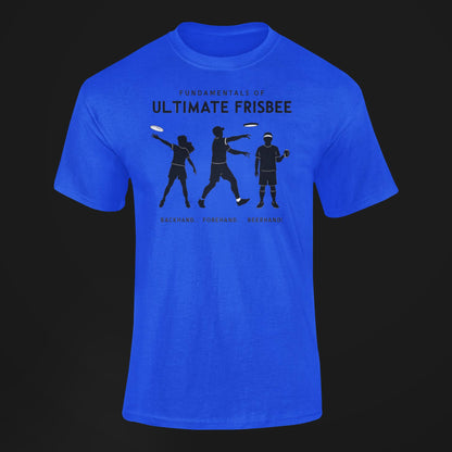a blue t shirt with a three stages of ultimate frisbee of people tossing of fundamentals of ultimate frisbee-backhand forehand and beerhand