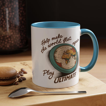 a frisbee with old world design caption Play Ultimate make the world flat again