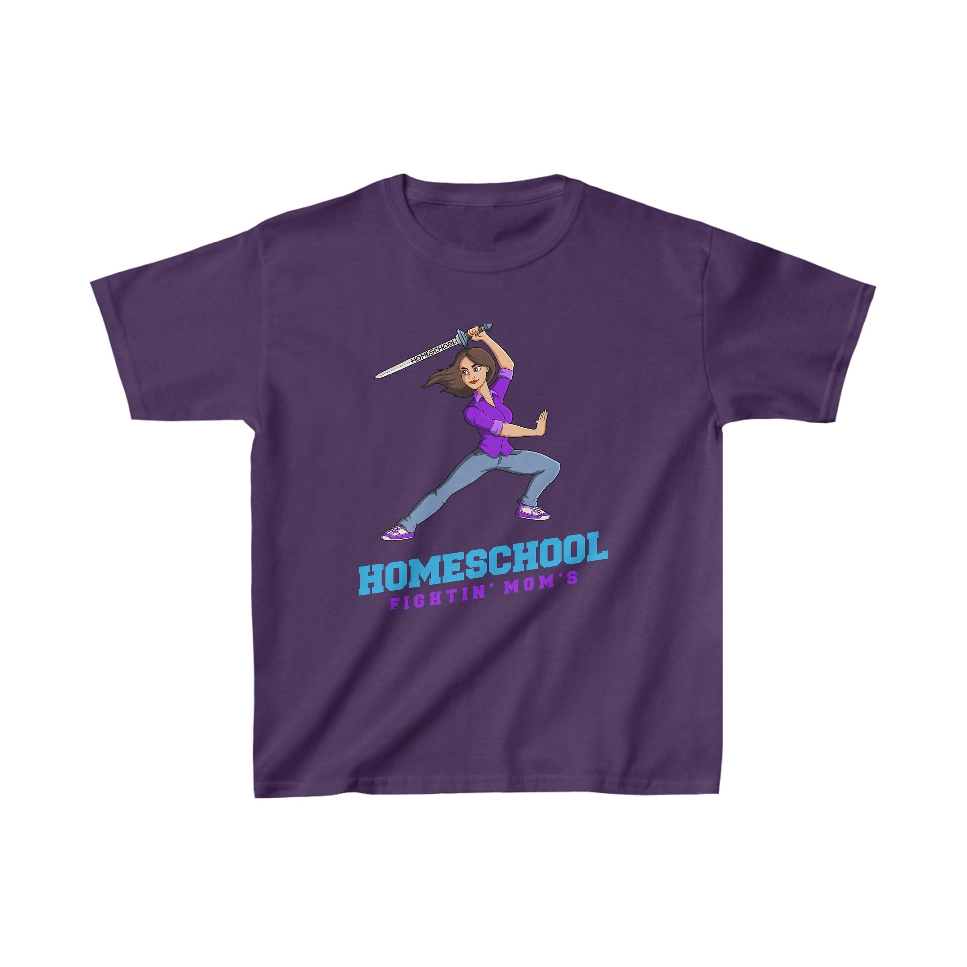 a t-shirt with the slogan homeschool fighitin mom's a kids t-shirt with a cartoon woman with cleverly branding a sword