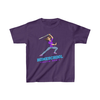 a t-shirt with the slogan homeschool fighitin mom's a kids t-shirt with a cartoon woman with cleverly branding a sword